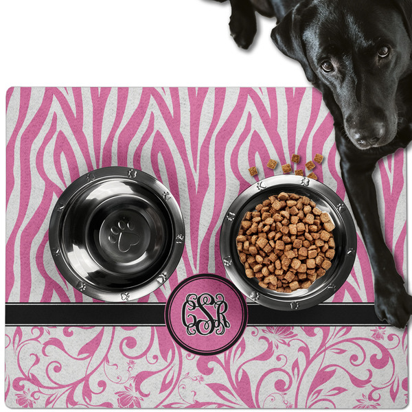 Custom Zebra & Floral Dog Food Mat - Large w/ Monogram