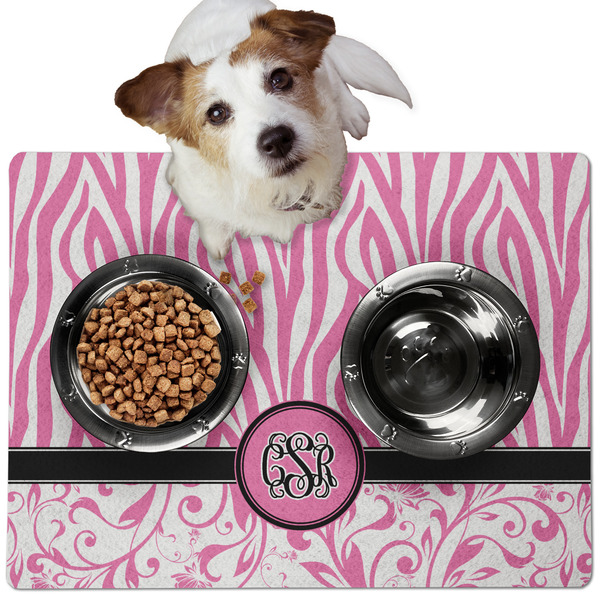 Custom Zebra & Floral Dog Food Mat - Medium w/ Monogram