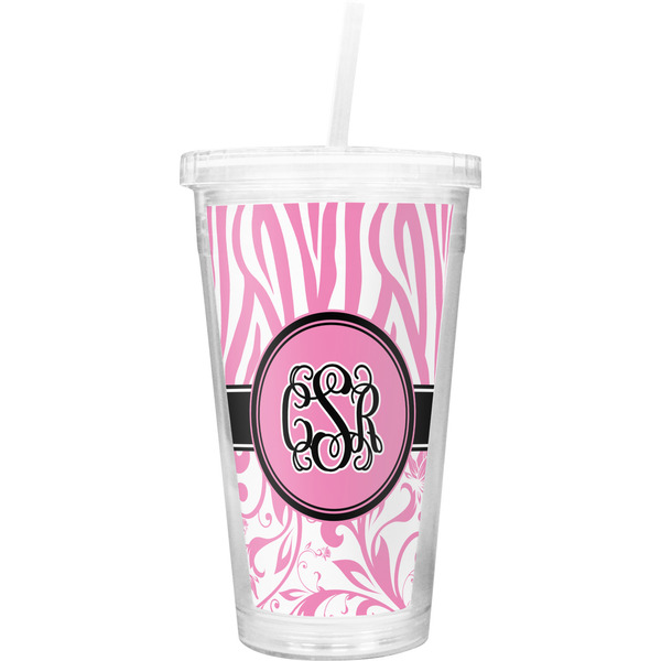 Custom Zebra & Floral Double Wall Tumbler with Straw (Personalized)