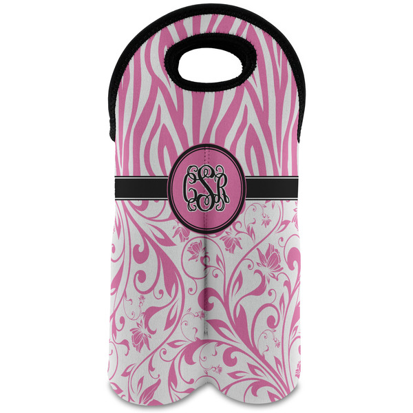 Custom Zebra & Floral Wine Tote Bag (2 Bottles) w/ Monogram