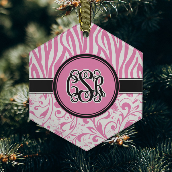 Zebra & Floral Frosted Glass Ornament - Hexagon (Lifestyle)