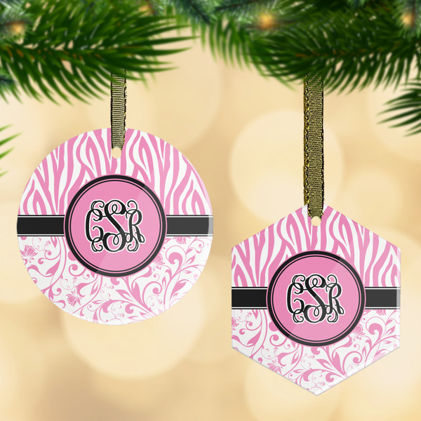Custom Zebra & Floral Flat Glass Ornament w/ Monogram