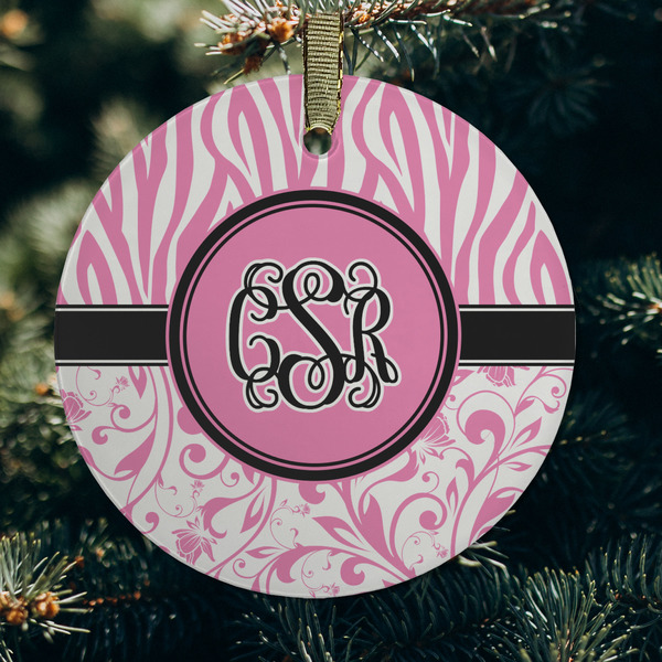 Zebra & Floral Frosted Glass Ornament - Round (Lifestyle)