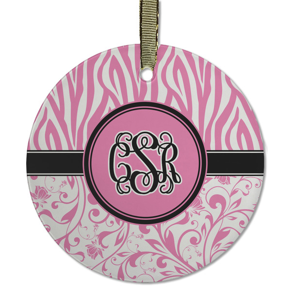 Custom Zebra & Floral Flat Glass Ornament - Round w/ Monogram