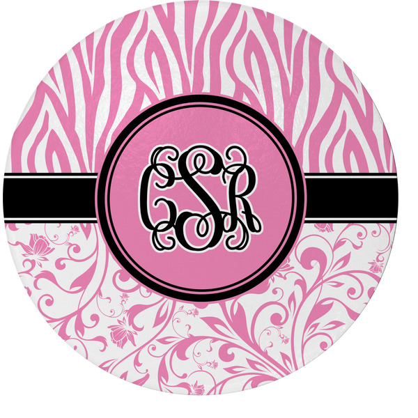 Custom Zebra & Floral Round Glass Cutting Board - Medium (Personalized)