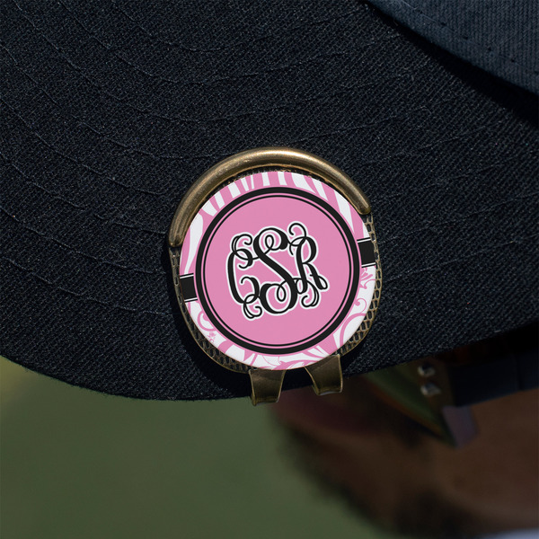 Zebra & Floral Golf Ball Marker Hat Clip - Gold - On Hat
