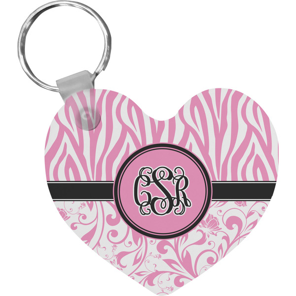 Custom Zebra & Floral Heart Plastic Keychain w/ Monogram
