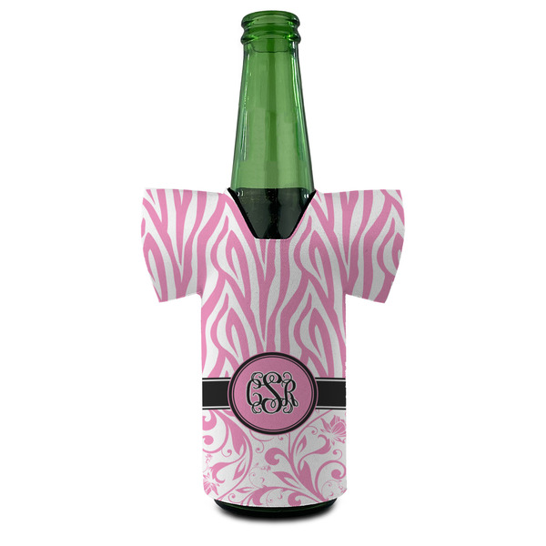 Zebra & Floral Jersey Bottle Cooler - FRONT (on bottle)