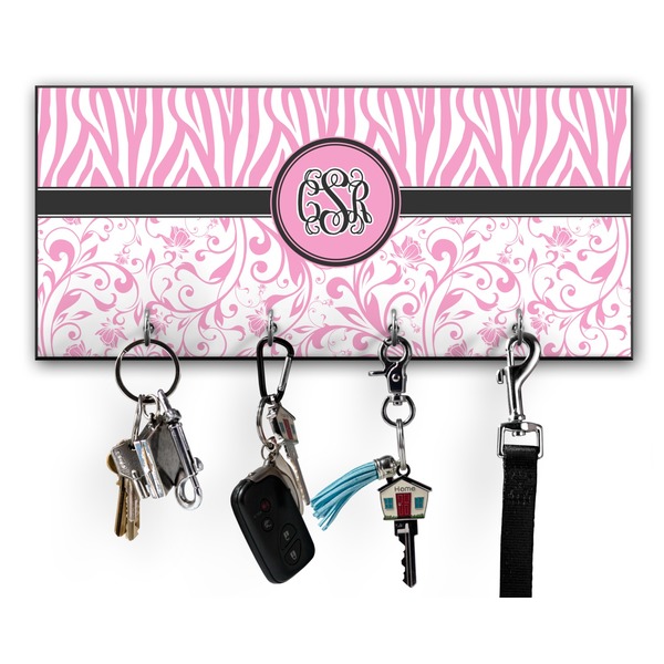 Custom Zebra & Floral Key Hanger w/ 4 Hooks w/ Monogram