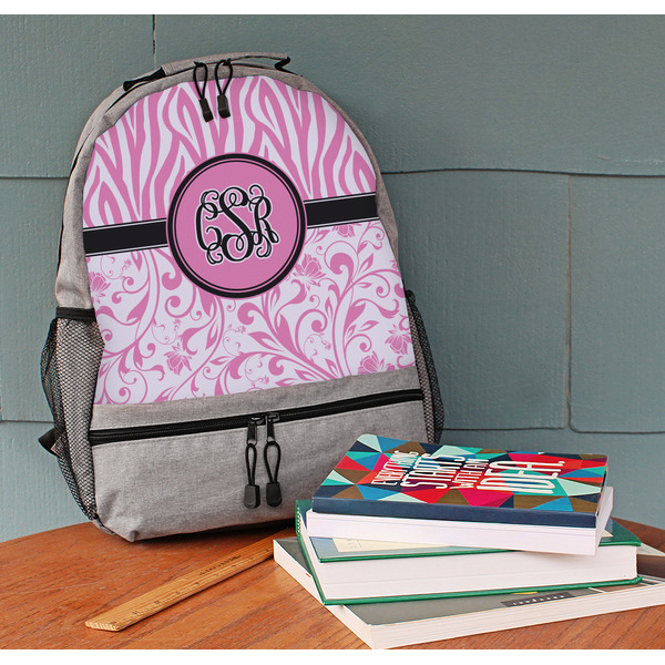 Zebra & Floral Large Backpack - Gray - On Desk