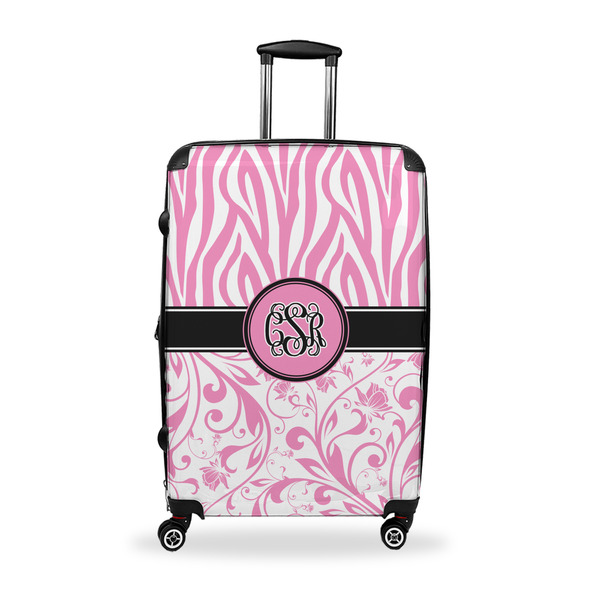 Custom Zebra & Floral Suitcase - 28" Large - Checked w/ Monogram
