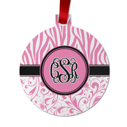 Zebra & Floral Metal Ball Ornament - Double Sided w/ Monogram