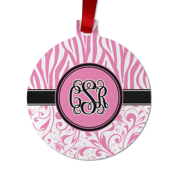 Custom Zebra & Floral Metal Ball Ornament - Double Sided w/ Monogram