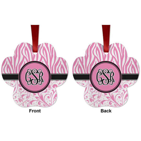 Zebra & Floral Metal Paw Ornament - Front and Back