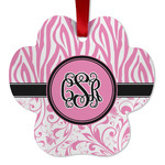 Zebra & Floral Metal Paw Ornament - Double Sided w/ Monogram