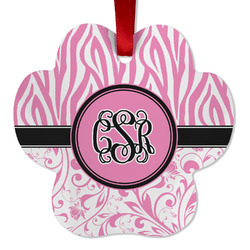 Zebra & Floral Metal Paw Ornament - Double Sided w/ Monogram