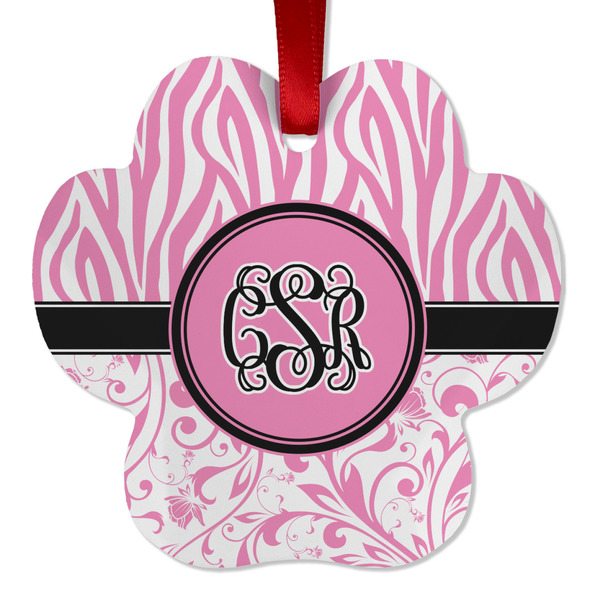 Custom Zebra & Floral Metal Paw Ornament - Double Sided w/ Monogram