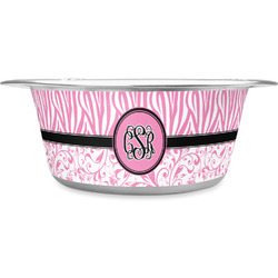 Zebra & Floral Stainless Steel Dog Bowl - Large (Personalized)