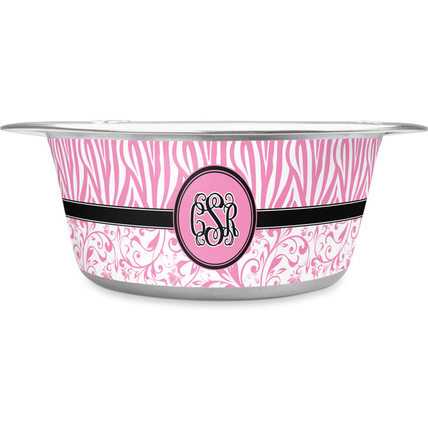 Custom Zebra & Floral Stainless Steel Dog Bowl - Large (Personalized)