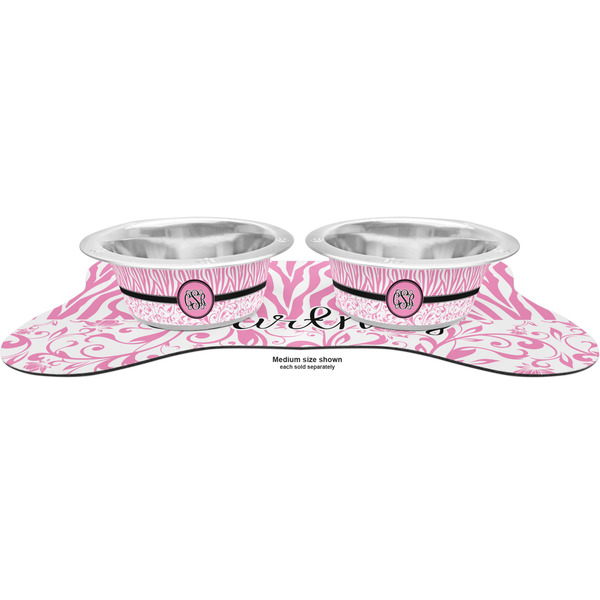 Zebra & Floral Metal Pet Bowls - On Dog Bone Shaped Mat