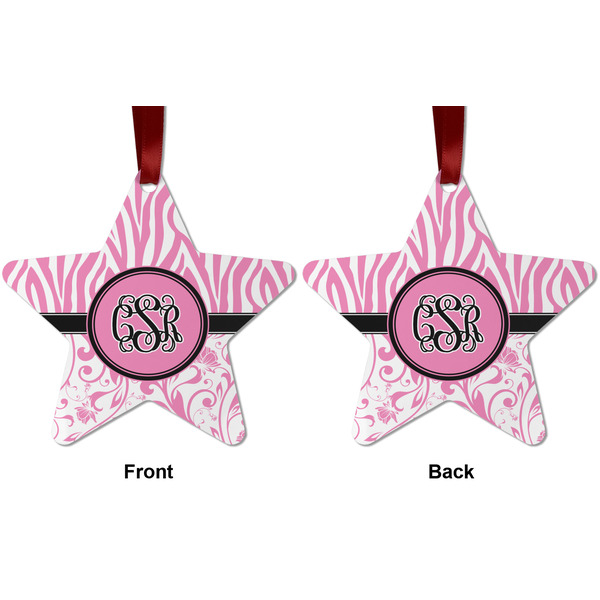 Zebra & Floral Metal Star Ornament - Front and Back