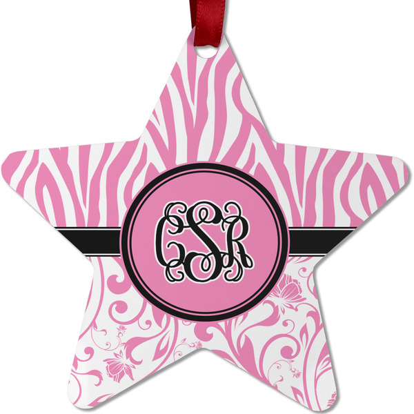 Custom Zebra & Floral Metal Star Ornament - Double Sided w/ Monogram