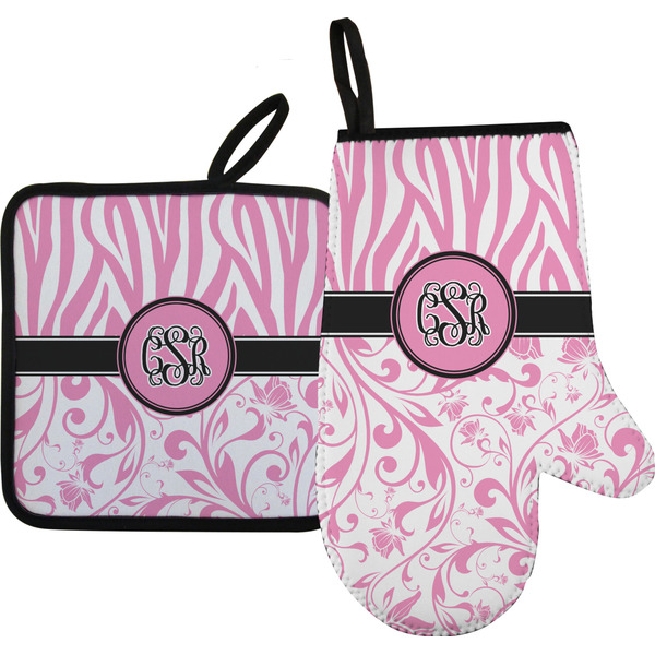 Custom Zebra & Floral Oven Mitt & Pot Holder Set w/ Monogram