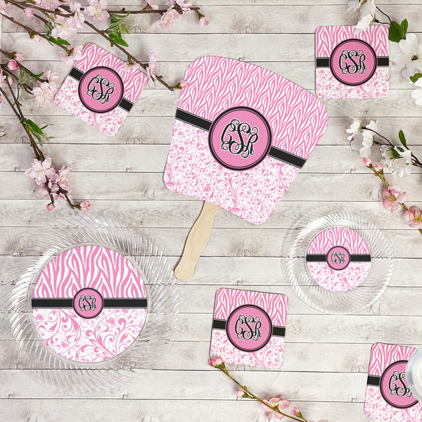 Zebra & Floral Party Supplies Combination Image - All items - Plates, Coasters, Fans