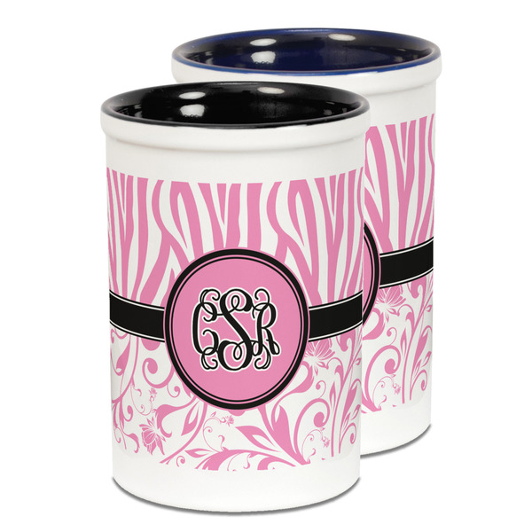 Custom Zebra & Floral Ceramic Pencil Holder - Large