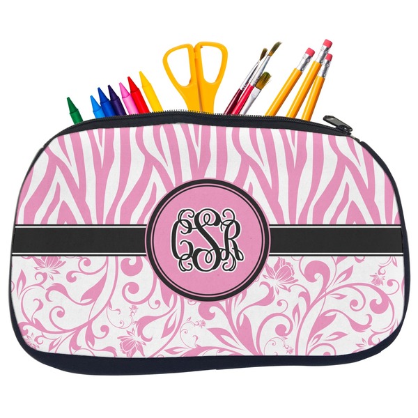 Custom Zebra & Floral Neoprene Pencil Case - Medium w/ Monogram
