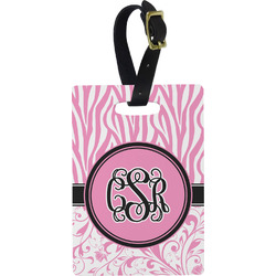 Zebra & Floral Plastic Luggage Tag - Rectangular w/ Monogram