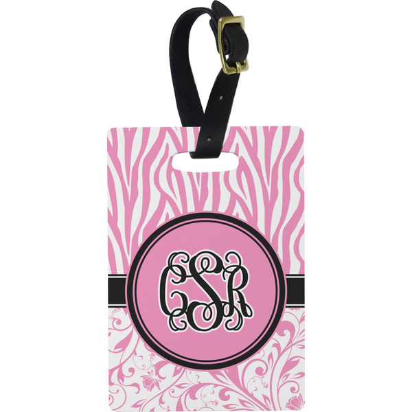 Custom Zebra & Floral Plastic Luggage Tag - Rectangular w/ Monogram
