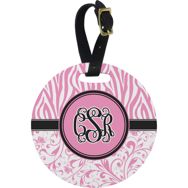 Custom Zebra & Floral Plastic Luggage Tag - Round (Personalized)