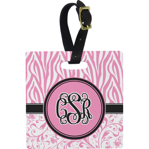 Custom Zebra & Floral Plastic Luggage Tag - Square w/ Monogram