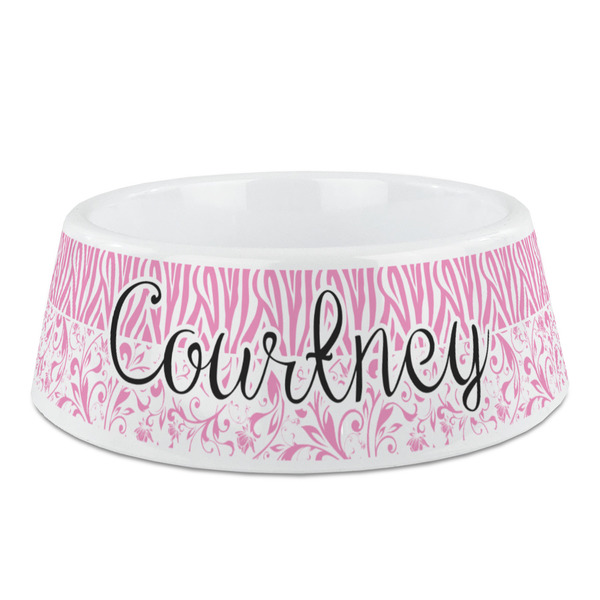 Custom Zebra & Floral Plastic Dog Bowl - Medium (Personalized)
