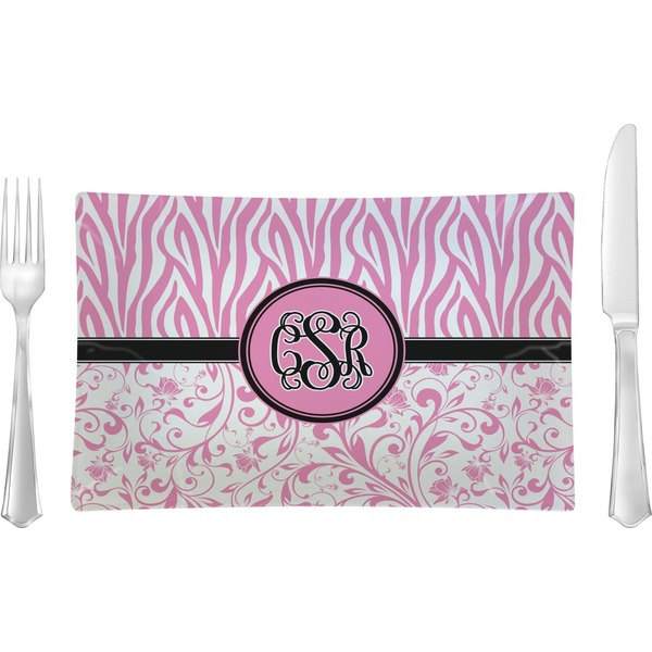 Custom Zebra & Floral Rectangular Glass Lunch / Dinner Plate - Single or Set (Personalized)