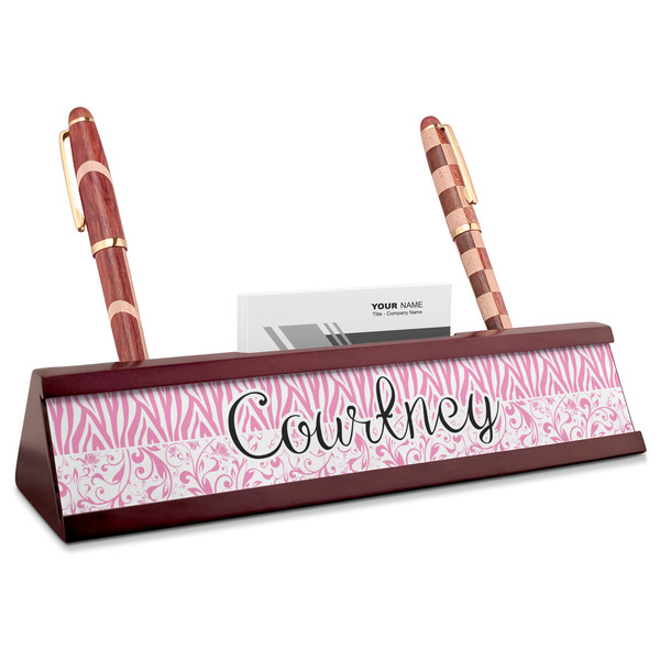Custom Zebra & Floral Red Mahogany Nameplate with Business Card Holder (Personalized)