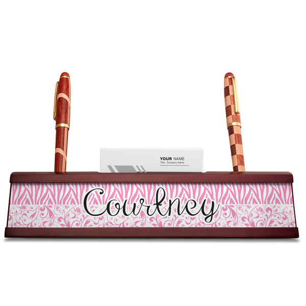 Zebra & Floral Red Mahogany Nameplates with Business Card Holder - Straight