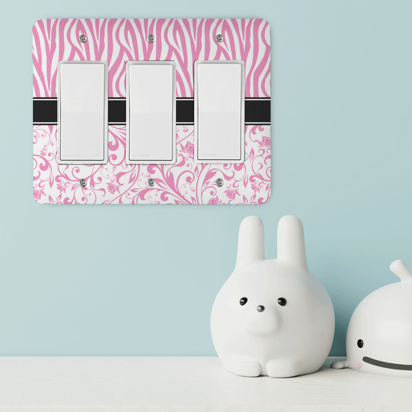 Zebra & Floral Rocker Light Switch Covers - Triple - IN CONTEXT