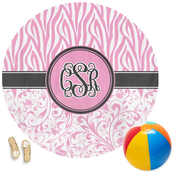 Custom Zebra & Floral Round Beach Towel (Personalized)