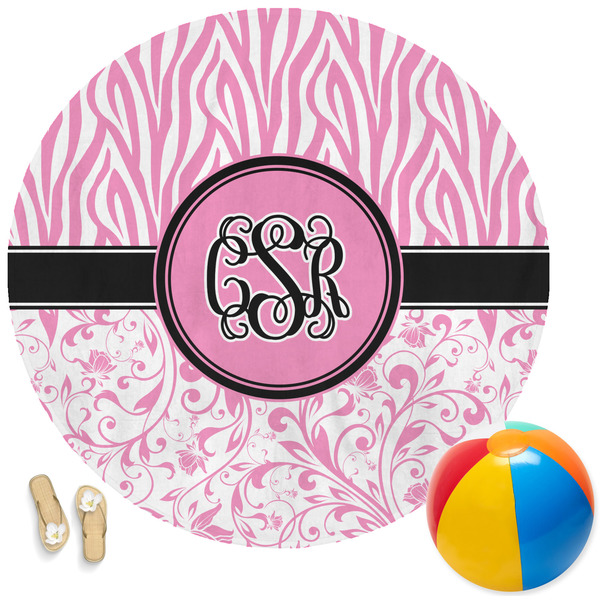 Custom Zebra & Floral Round Beach Towel (Personalized)