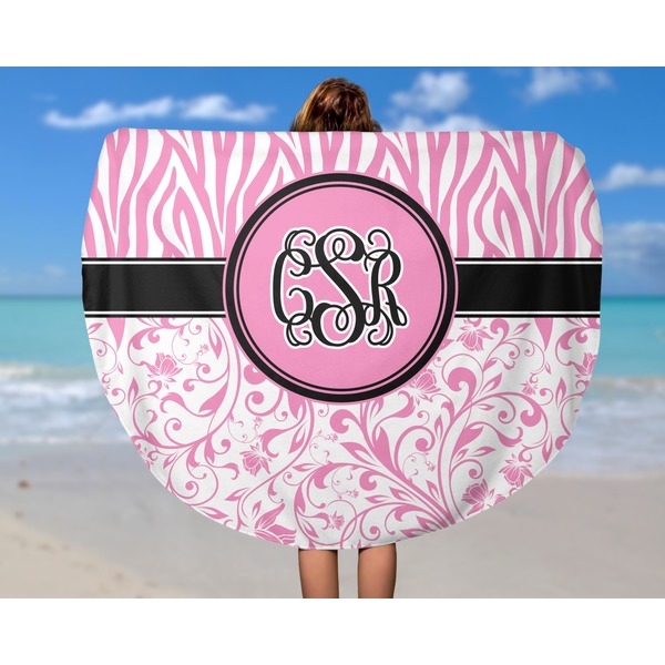 Zebra & Floral Round Beach Towel - In Use