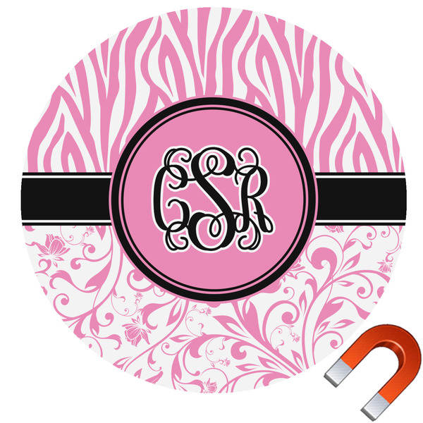 Custom Zebra & Floral Round Car Magnet - 6" (Personalized)