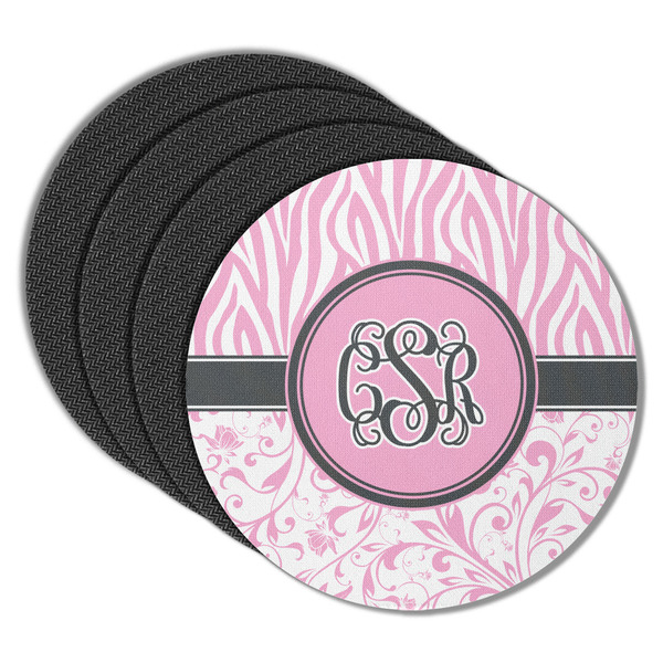 Custom Zebra & Floral Round Rubber Backed Coasters - Set of 4 (Personalized)