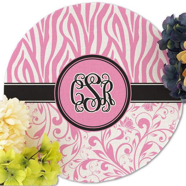 Zebra & Floral Round Linen Placemats - Front (w flowers)
