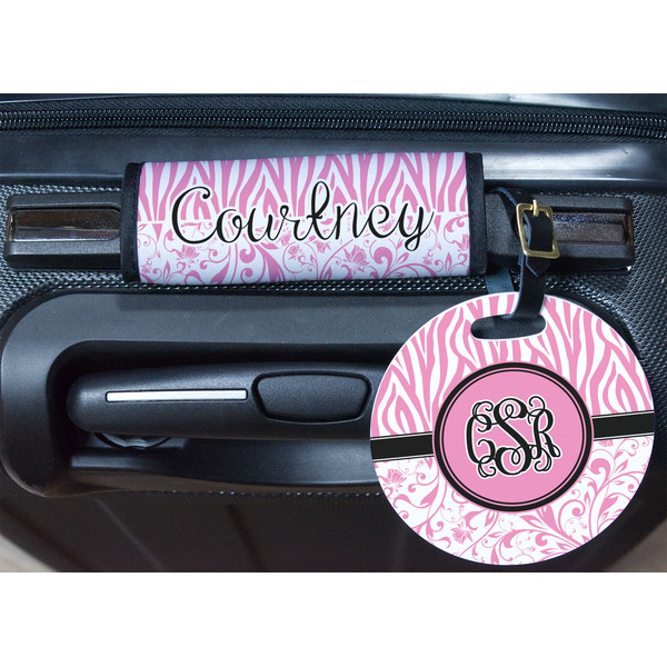 Zebra & Floral Round Luggage Tag & Handle Wrap - In Context
