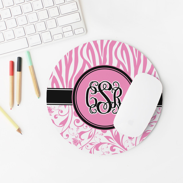 Zebra & Floral Round Mousepad - LIFESTYLE 2