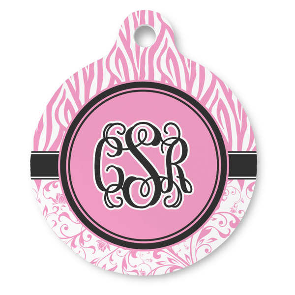 Custom Zebra & Floral Round Pet ID Tag - Large (Personalized)