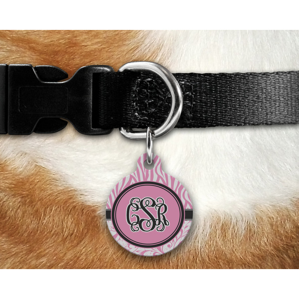 Zebra & Floral Round Pet Tag on Collar & Dog