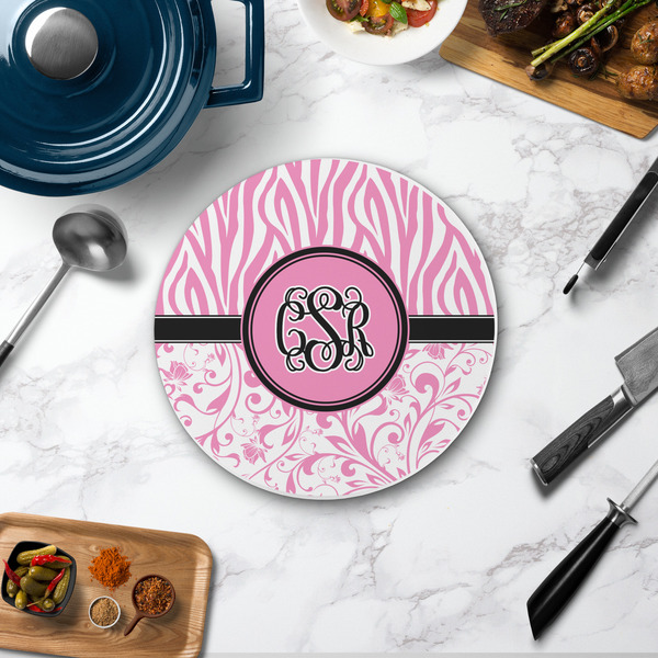 Zebra & Floral Round Stone Trivet - In Context View